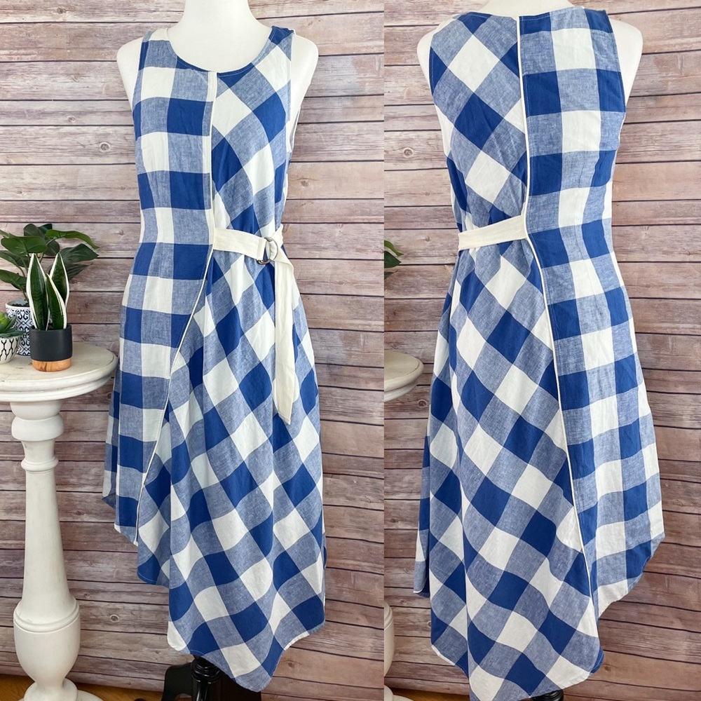 Anthropologie Maeve Gingham Plaid Belted Dress w Asymmetrical Hemline, size S
